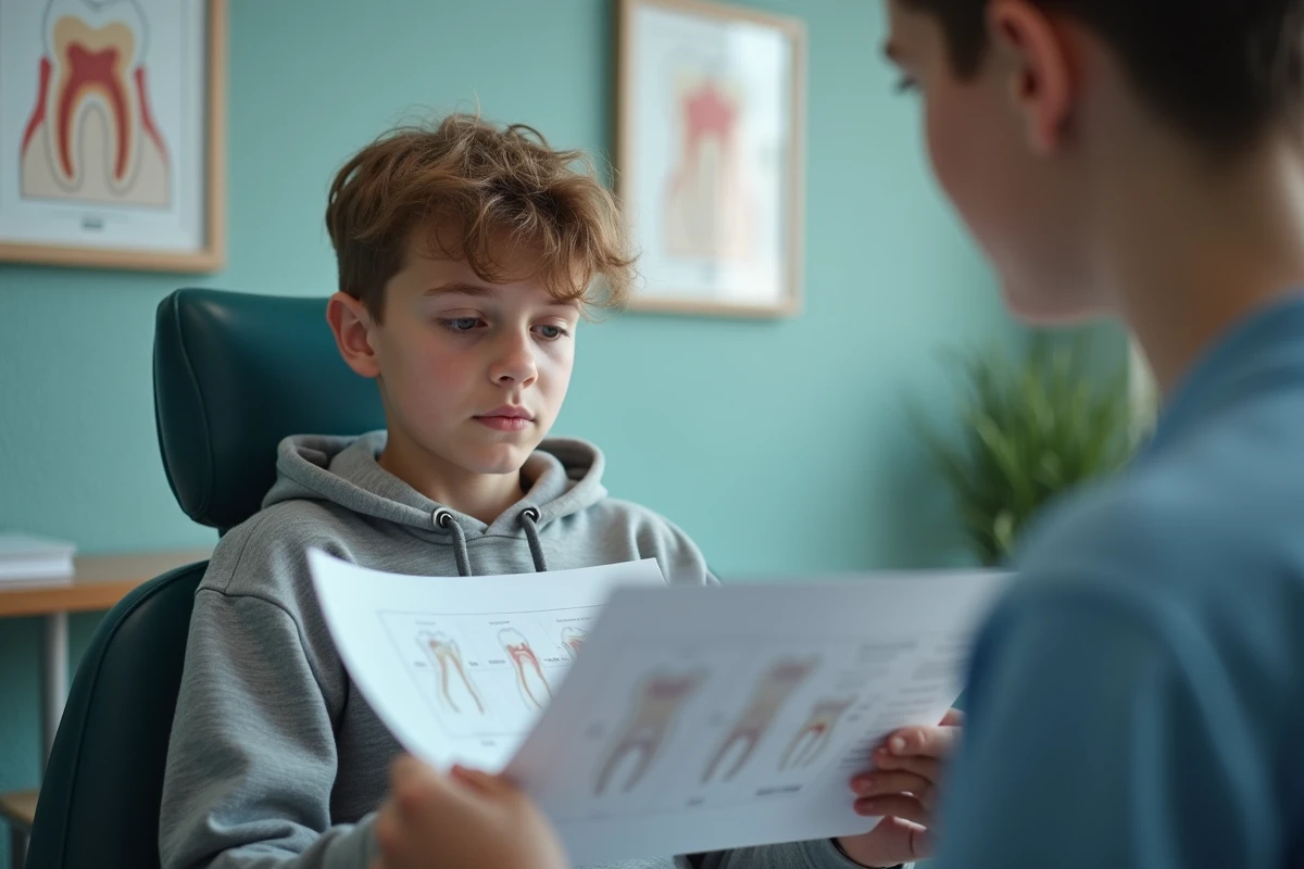 Adolescent en hoodie examinant un sch&eacute;ma dentaire