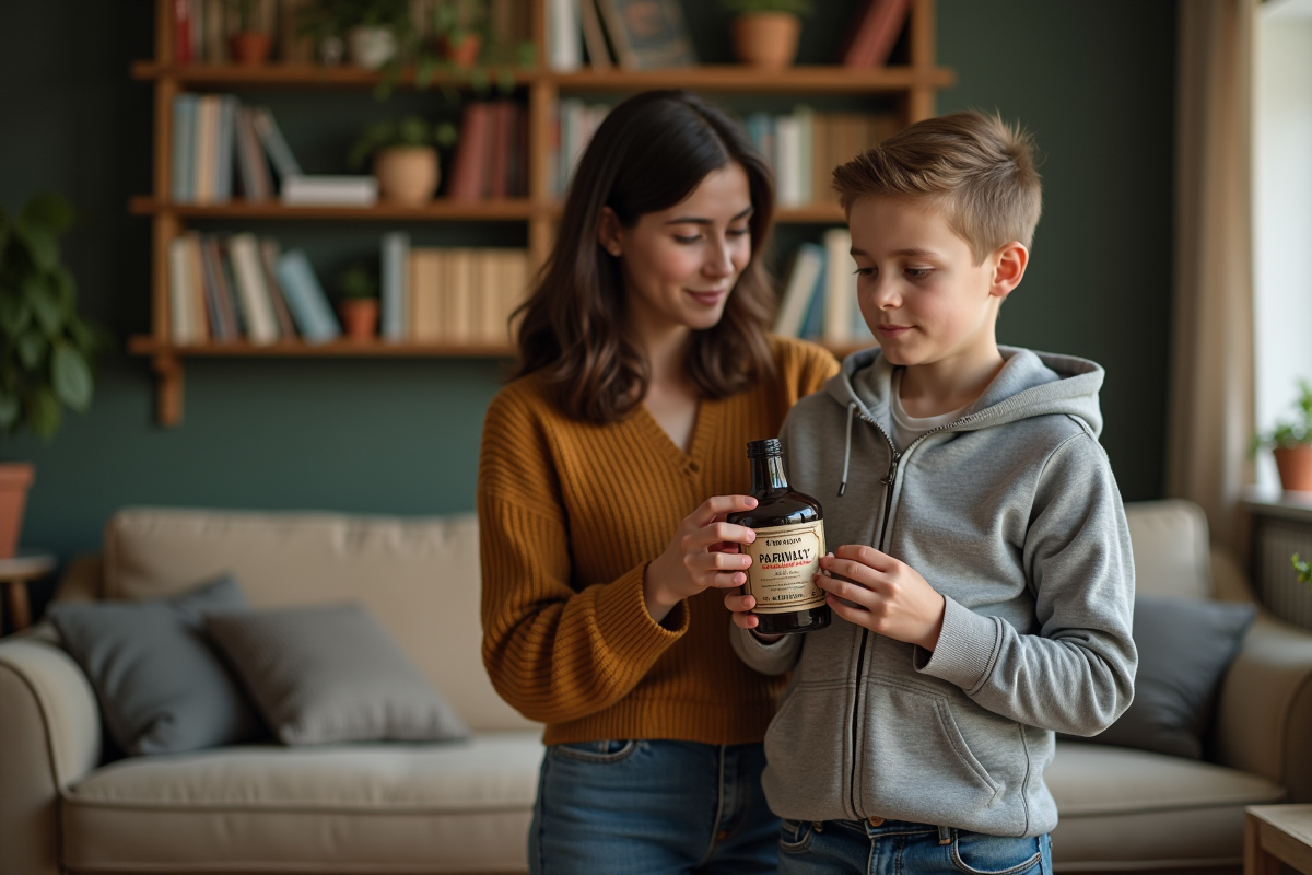Adolescent curieux lisant une bouteille de sirop de cola avec sa mère