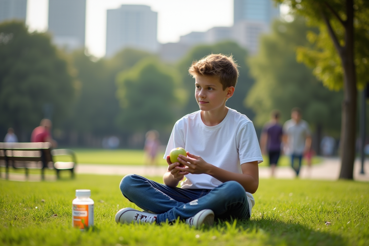 Adolescent assis dans un parc urbain tient une pomme et une vitamine