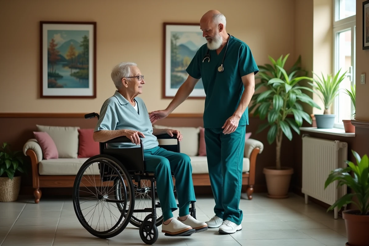 Aide soignant homme accompagnant une personne âgée en fauteuil roulant dans un EHPAD