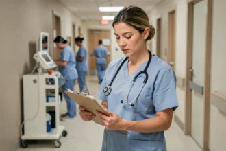 Aide soignante catégorie B consultant sa fiche de salaire dans un couloir d'hôpital moderne