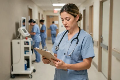Aide soignante catégorie B consultant sa fiche de salaire dans un couloir d'hôpital moderne