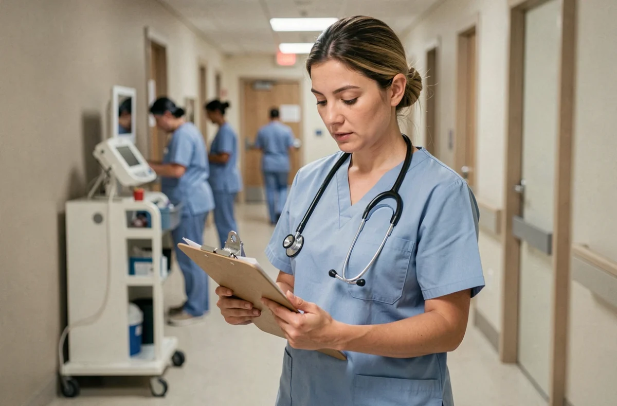 Aide soignante catégorie B consultant sa fiche de salaire dans un couloir d'hôpital moderne