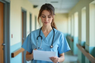 Aide soignante en EHPAD consultant une fiche de soins dans un couloir de maison de retraite