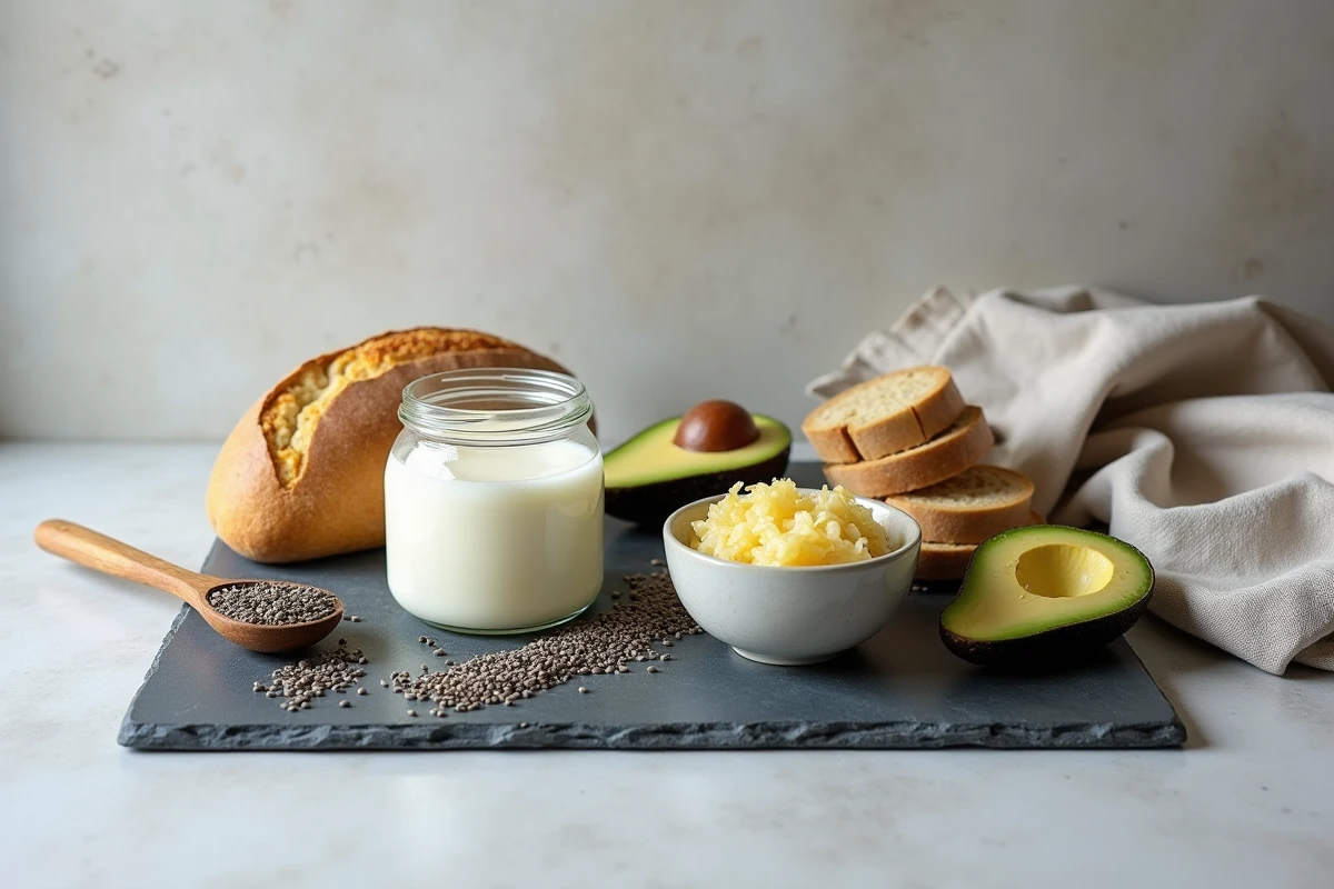 Vue du dessus d'aliments fermentés et probiotiques comme le kéfir, la choucroute et le pain au levain, disposés sur une ardoise grise pour illustrer la santé du microbiote