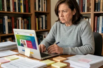 Femme analysant un site de santologie sur son ordinateur portable, entourée de documents annotés