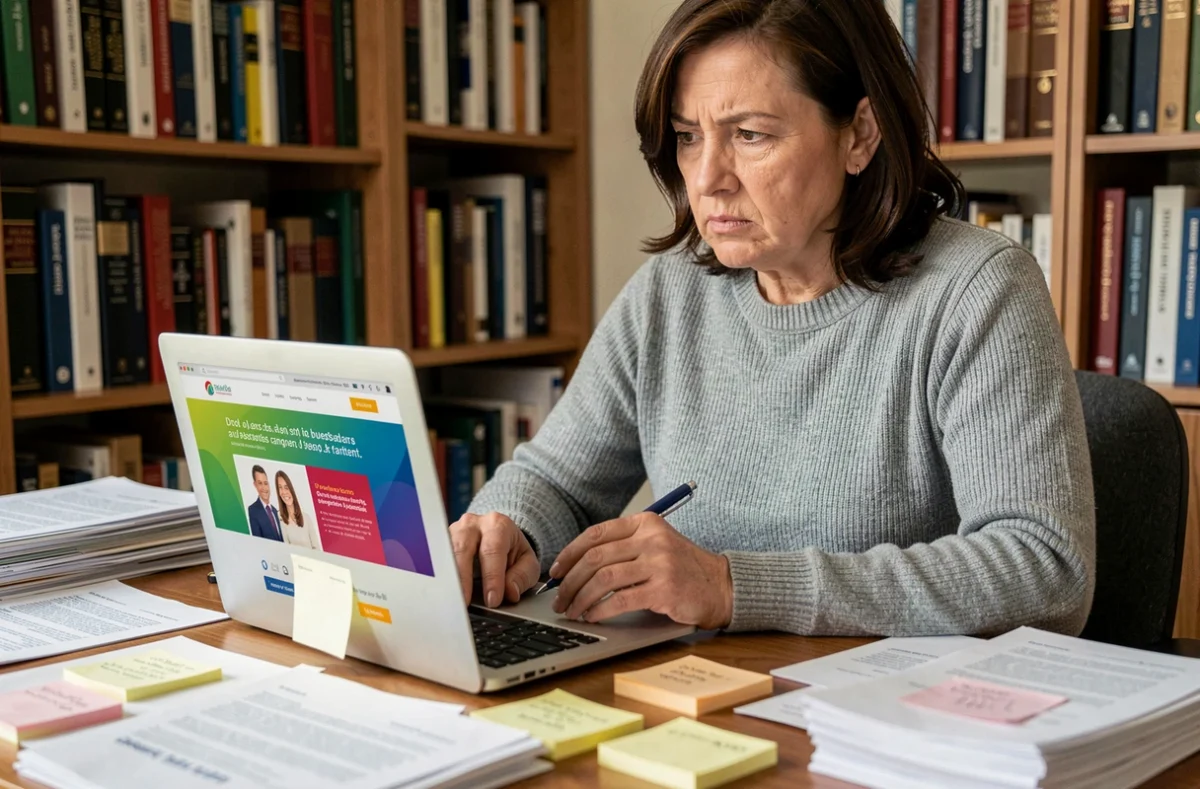 Femme analysant un site de santologie sur son ordinateur portable, entourée de documents annotés