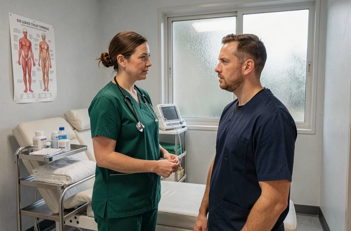 Anesthésiologiste discutant avec un patient avant une opération pour expliquer les effets secondaires de l'anesthésie générale