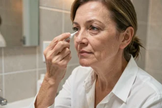 Femme appliquant une pommade ophtalmique à domicile devant son miroir de salle de bain