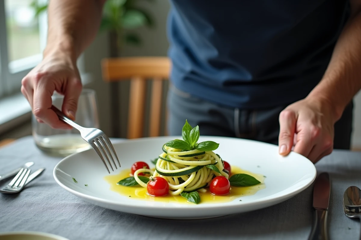 Assiette de salade de courgettes en rubans avec tomates et basilic, repas léger bénéfique pour le cholestérol et la santé cardiaque