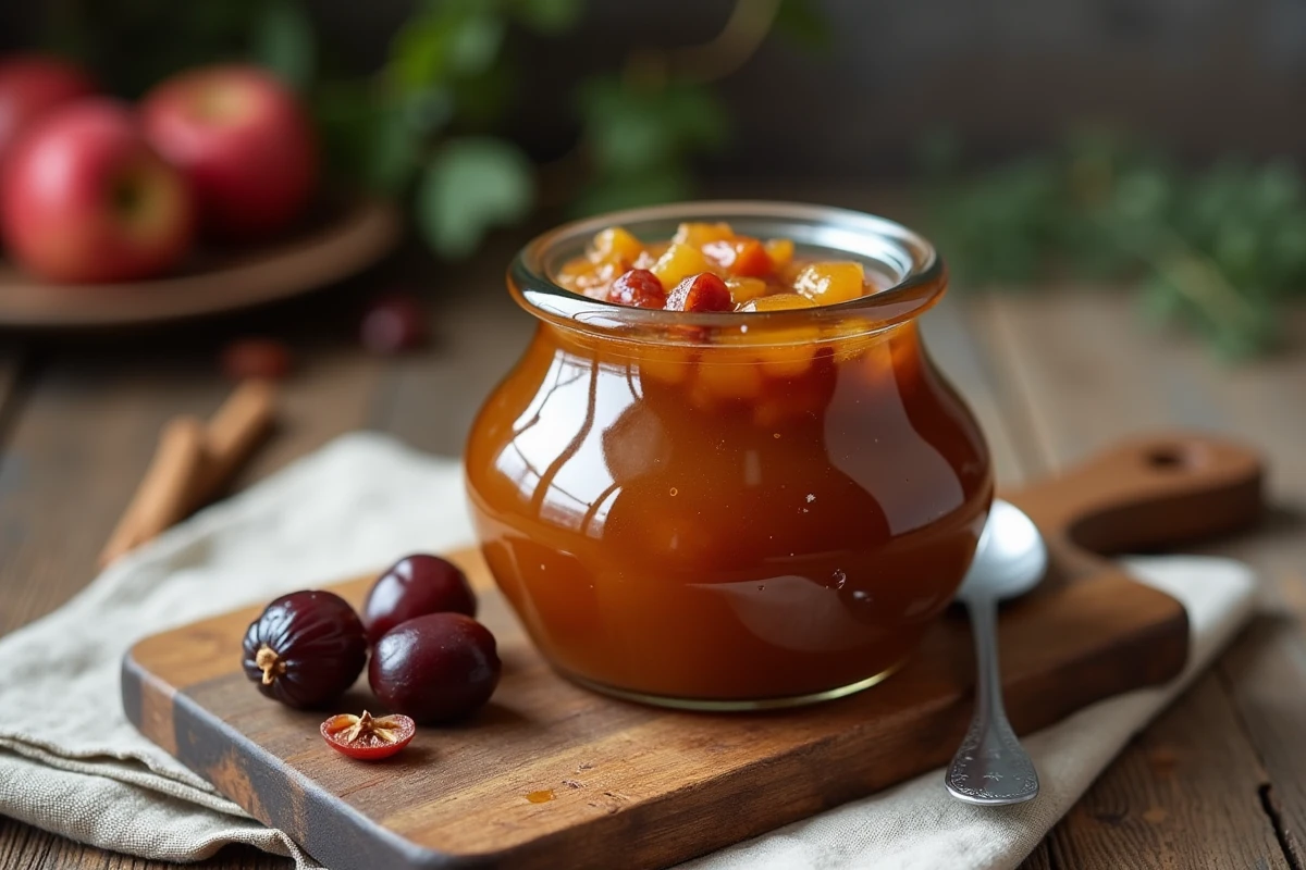 Bocal en verre de compote de pruneaux et pommes pos&eacute; sur une planche en bois rustique, rem&egrave;de naturel contre la constipation