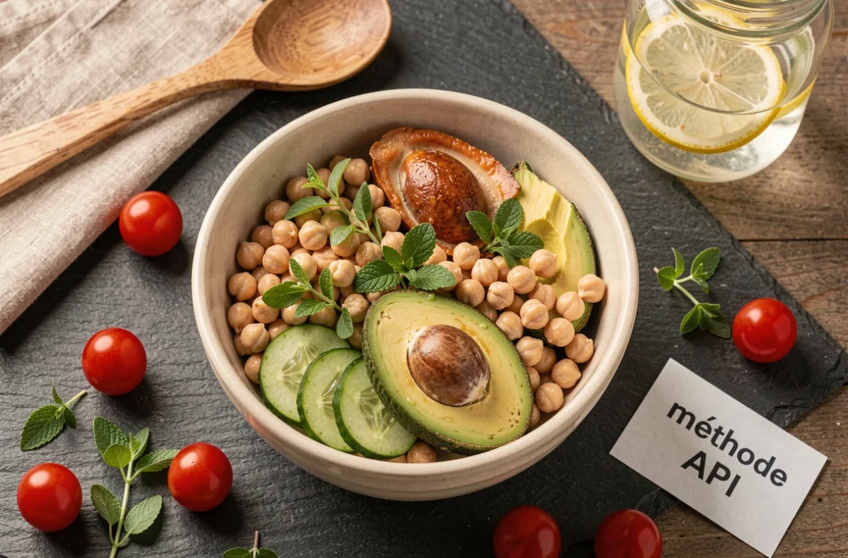 Vue aérienne d'un bol repas équilibré avec des ingrédients frais et sains illustrant la méthode API de nutrition