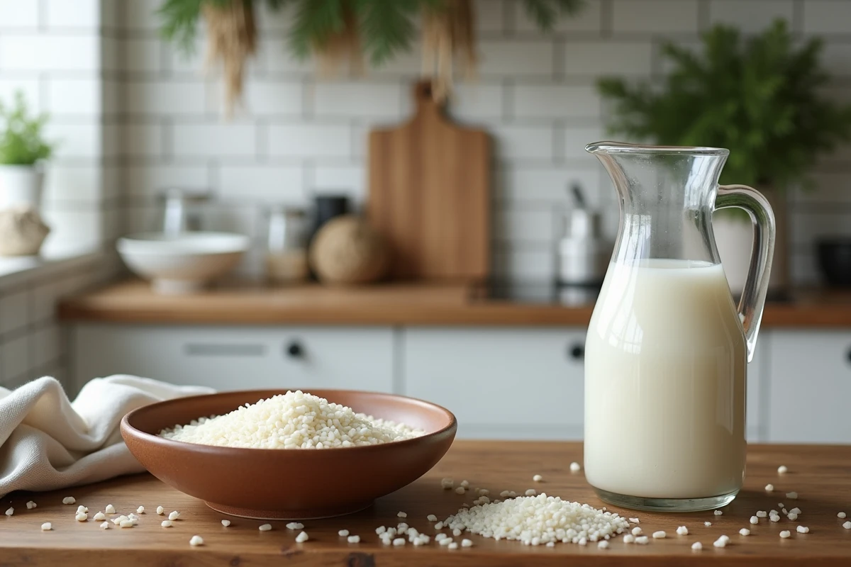Bol de riz trempé et pichet d'eau de riz sur un comptoir en bois rustique