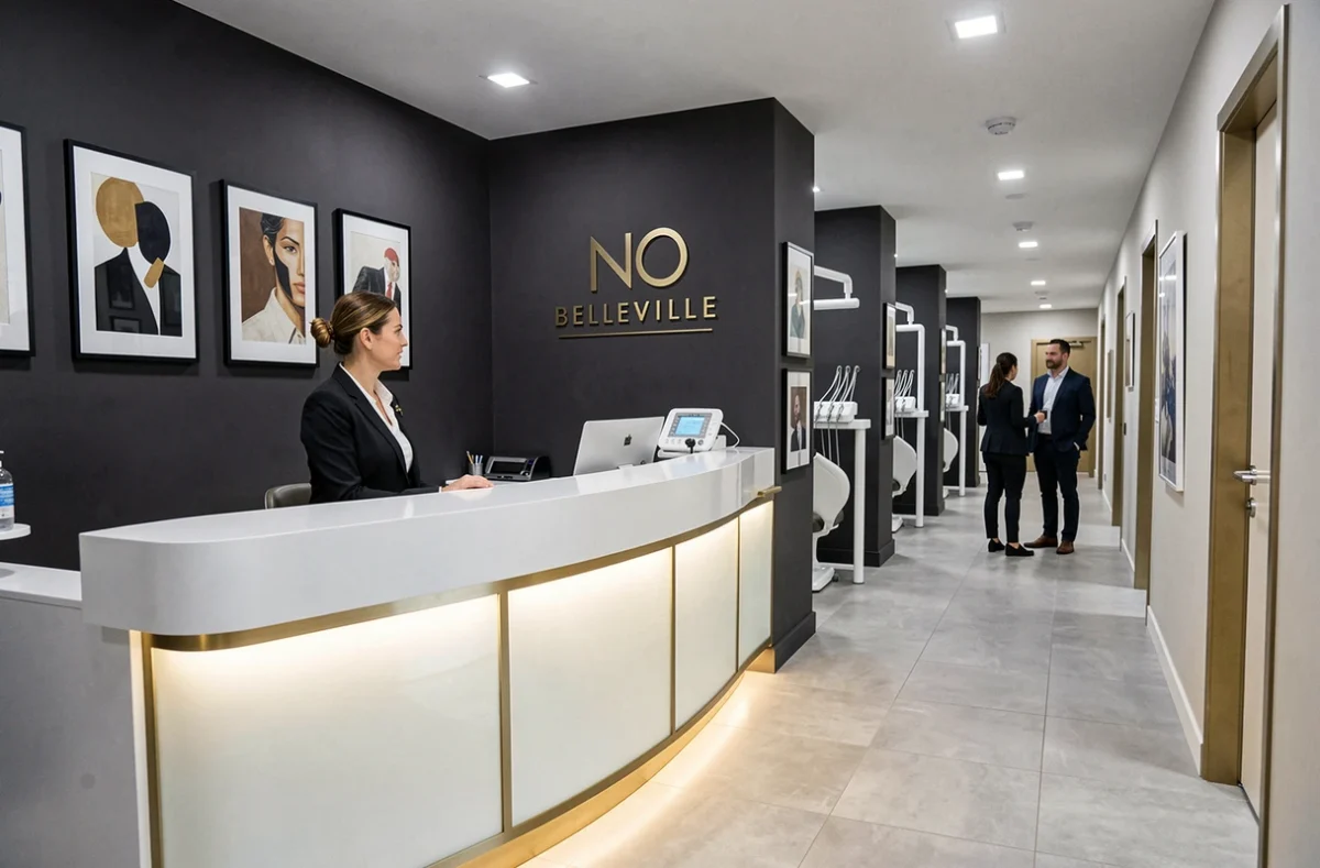 Intérieur moderne et épuré du Cabinet Dentaire NEO Belleville dans l'Ain avec accueil premium