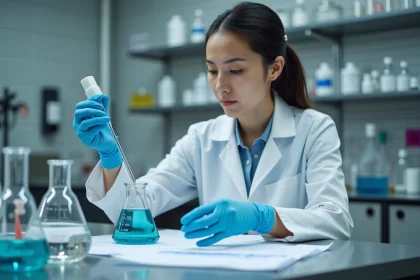 Scientifique en blouse blanche pipettant une solution bleue dans un bécher gradué pour calculer une concentration chimique en laboratoire