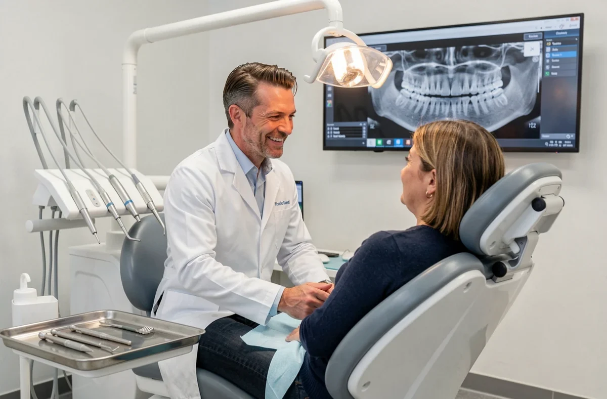 Dentiste et patiente en consultation dans la salle de soins du Centre de Santé Dentaire Clemenceau