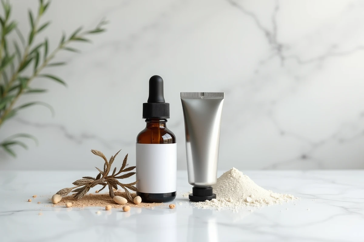 Comparaison entre un concentré Phytargile en flacon et une pommade classique pour articulations sur fond marbre
