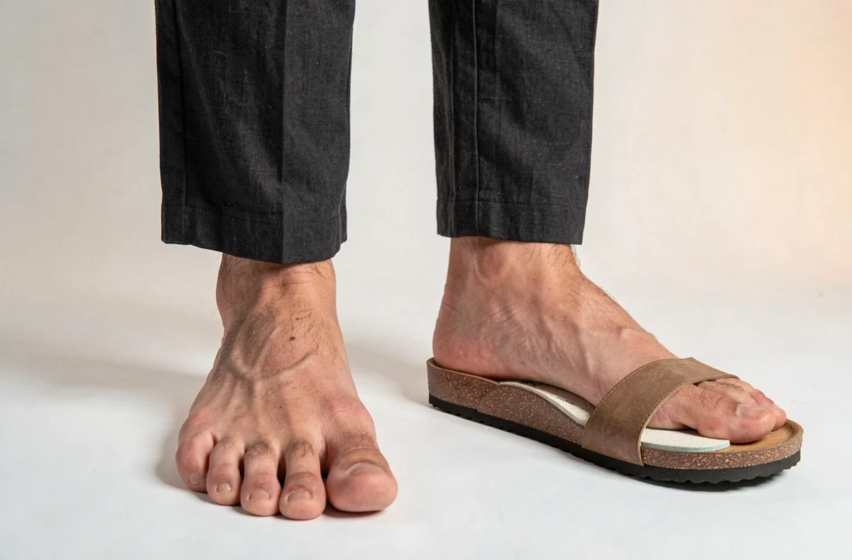 Comparaison entre un pied plat nu et un pied avec semelle orthopédique correctrice vu en contre-plongée sur fond blanc