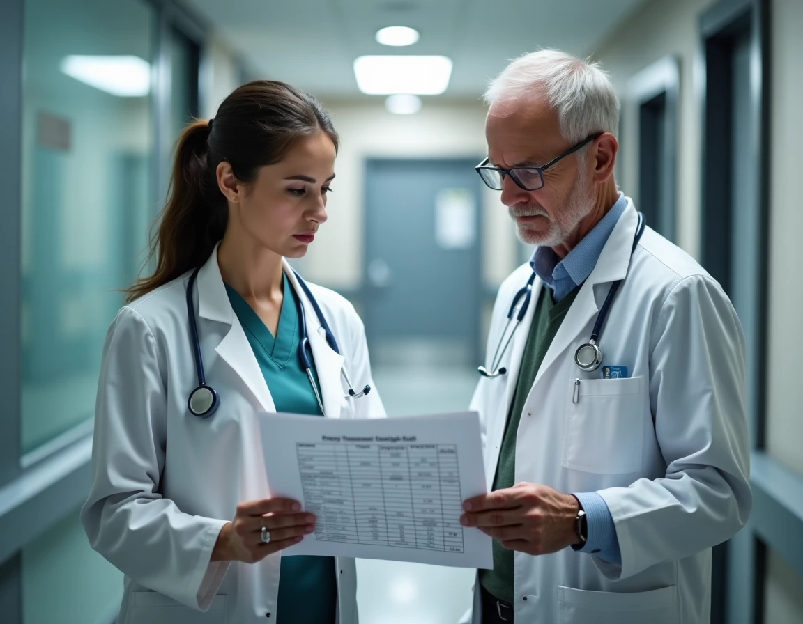 Ergothérapeute débutante et collègue expérimenté comparant une grille de progression salariale dans un couloir hospitalier