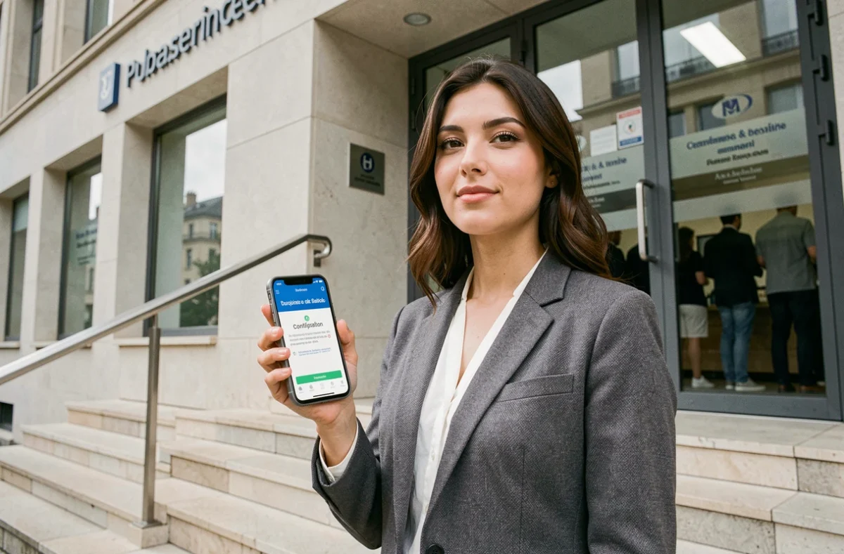 Jeune femme consultant la confirmation de son rendez-vous au CIMG77 sur smartphone devant un bâtiment administratif