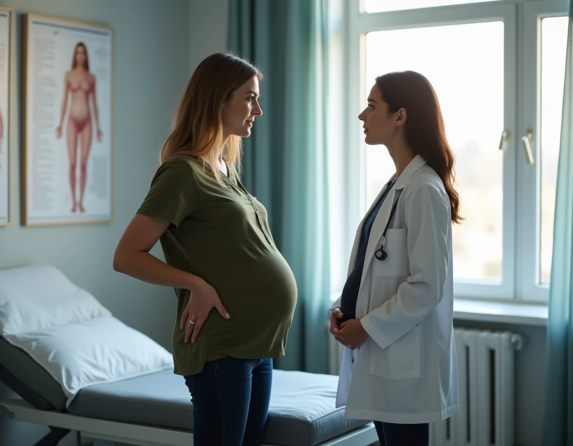Femme enceinte en consultation médicale évoquant des douleurs aux fesses avec sa gynécologue