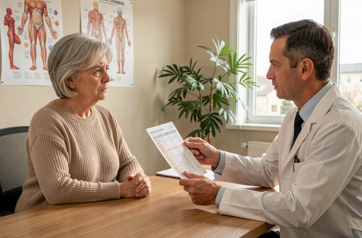 Médecin expliquant les résultats d'une analyse de sang Gamma GT à une patiente lors d'une consultation médicale