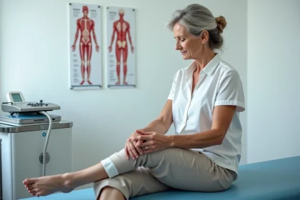 Femme d'âge mûr en consultation médicale vasculaire examinant ses jambes pour des symptômes d'artères bouchées ou de varices