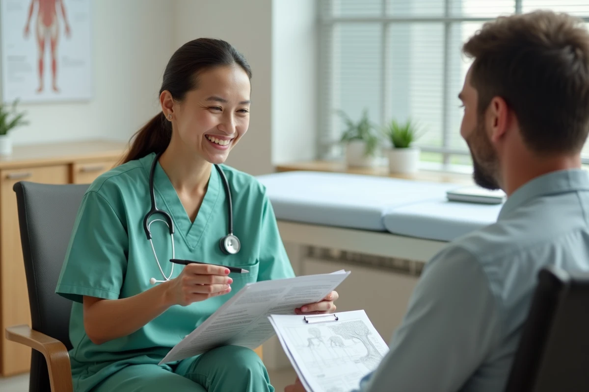 Professionnelle de santé expliquant les solutions contre la constipation post-opératoire ou post-partum à une patiente lors d'une consultation médicale