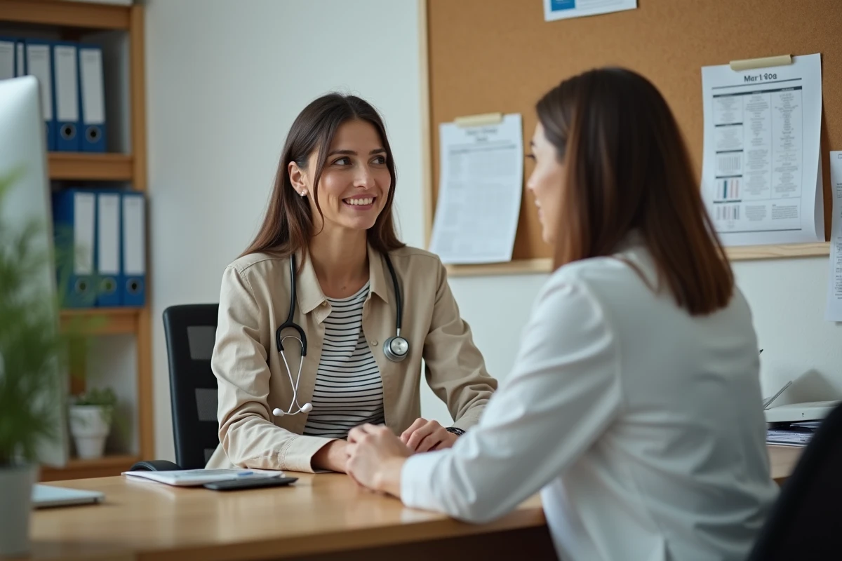 Patiente en consultation médicale discutant avec son médecin des contre-indications d'un complément alimentaire contre le stress