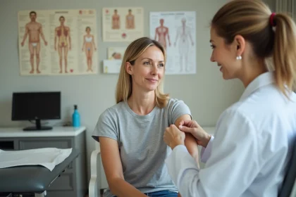 Femme de 45 ans en consultation médicale, bras levé, médecin examinant un ganglion sous l'aisselle dans un cabinet clinique neutre
