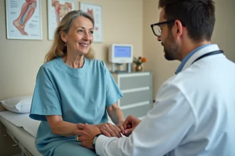 Consultation chez le phlébologue pour douleur de la veine saphène, médecin examinant la jambe d'une patiente