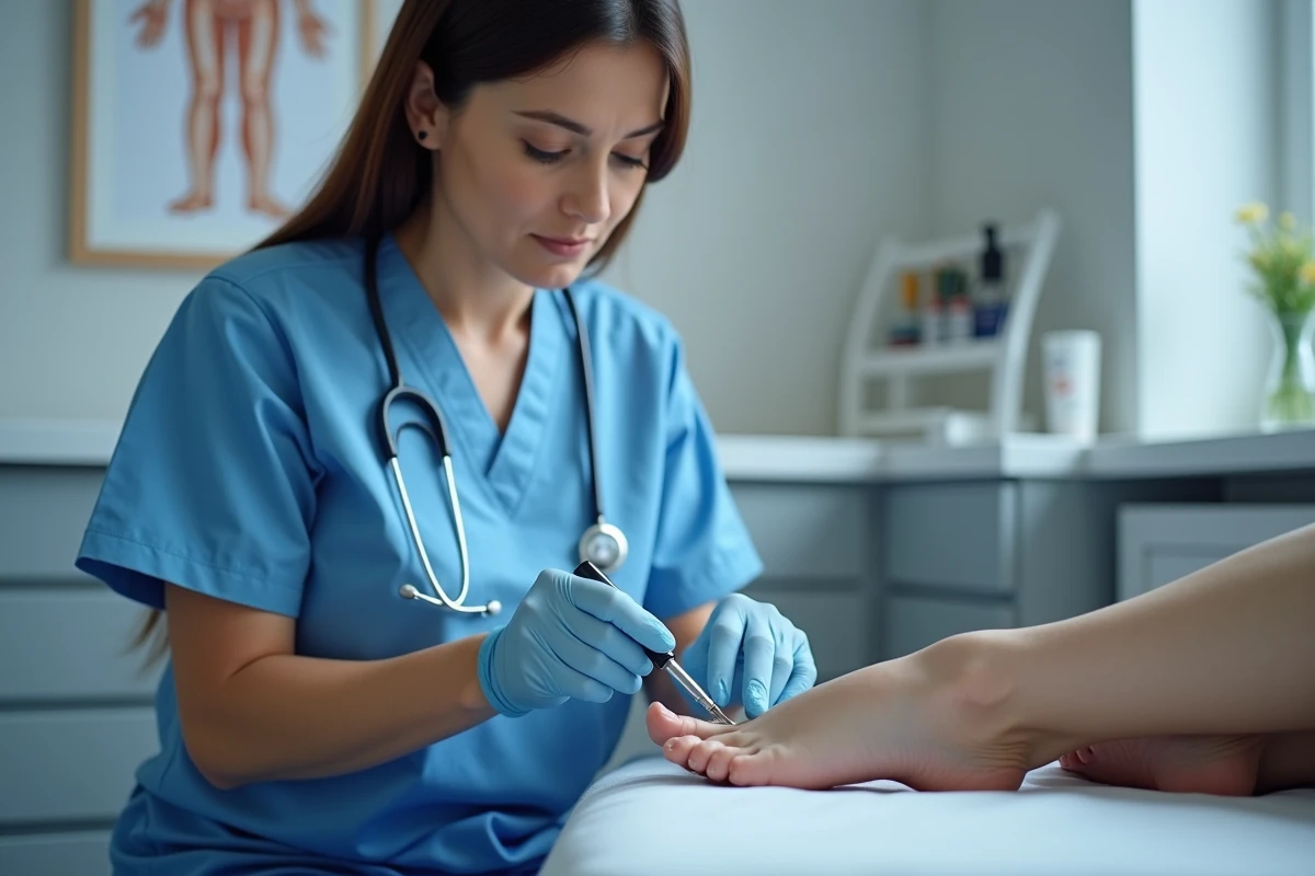 Podologue examinant un ongle traumatisé en cabinet médical pour diagnostiquer une atteinte de la matrice