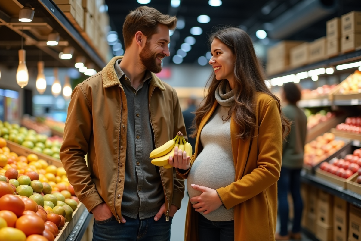 Jeune couple faisant ses courses avec des bananes en main