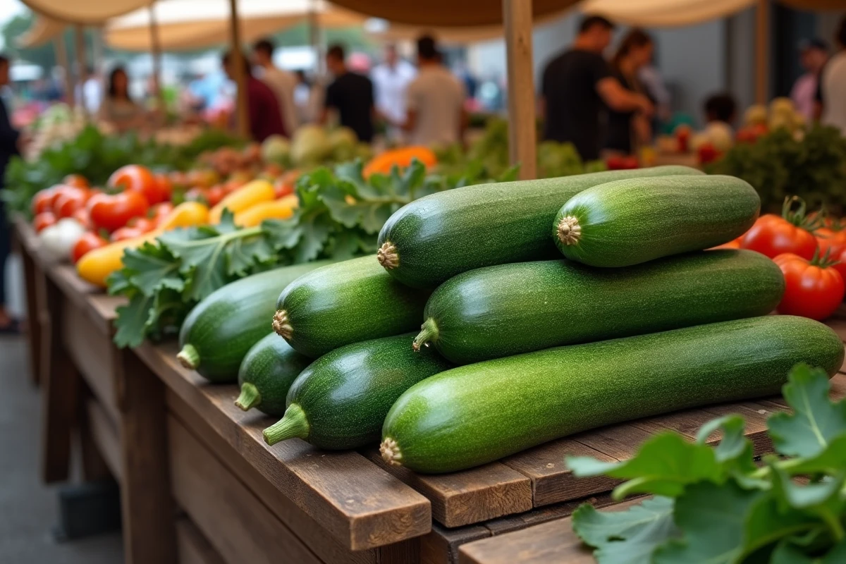 Courgettes fraîches et légumes de saison sur un étal de marché fermier, symboles d'une alimentation saine pour le cœur et le cholestérol