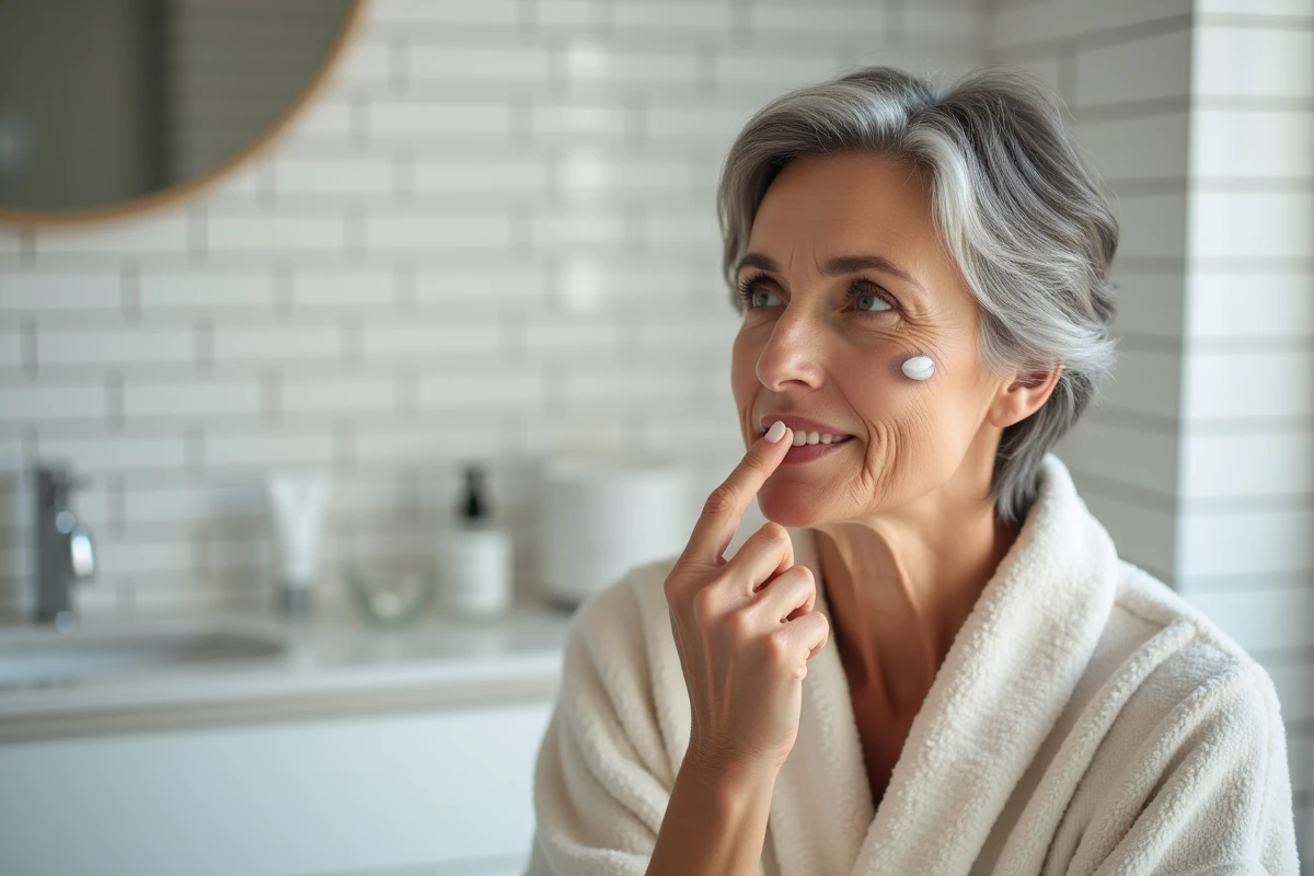 Femme appliquant une crème dermatologique sur une verrue séborrhéique sur le visage dans sa salle de bain