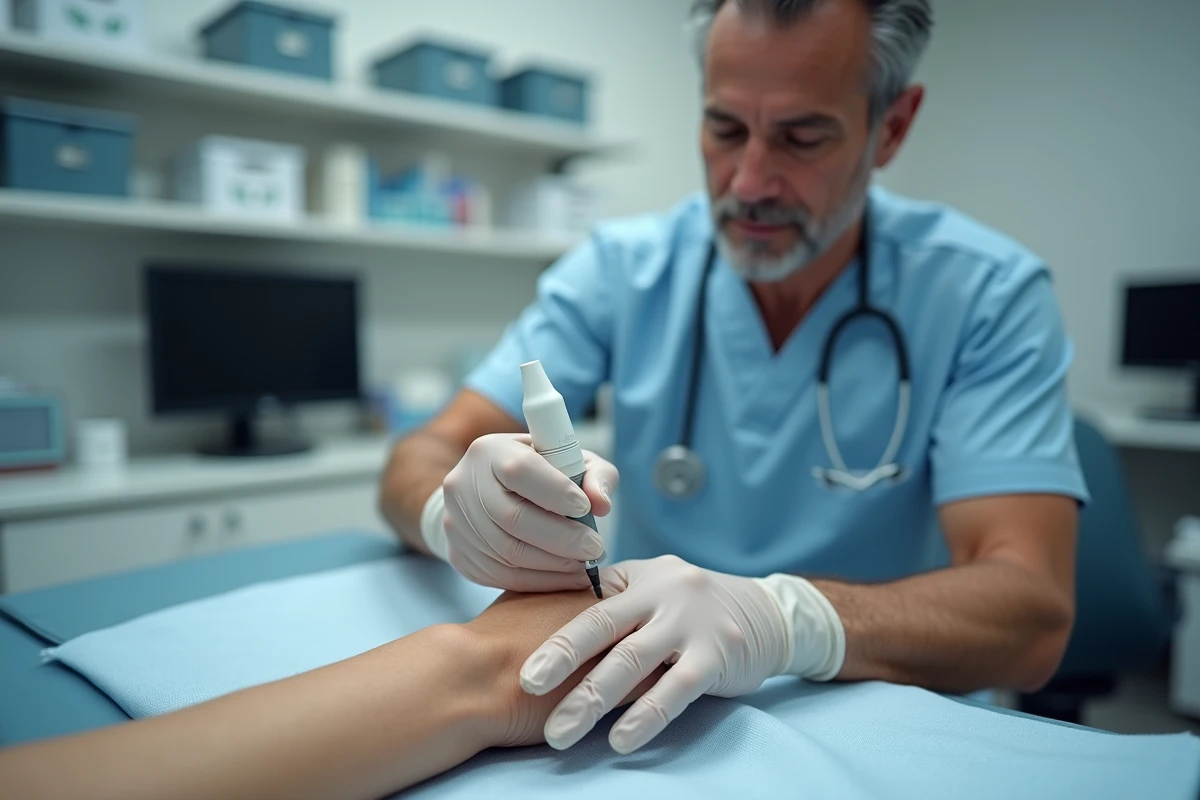 Traitement d'une verrue séborrhéique à l'azote liquide par cryothérapie sur la main d'un patient