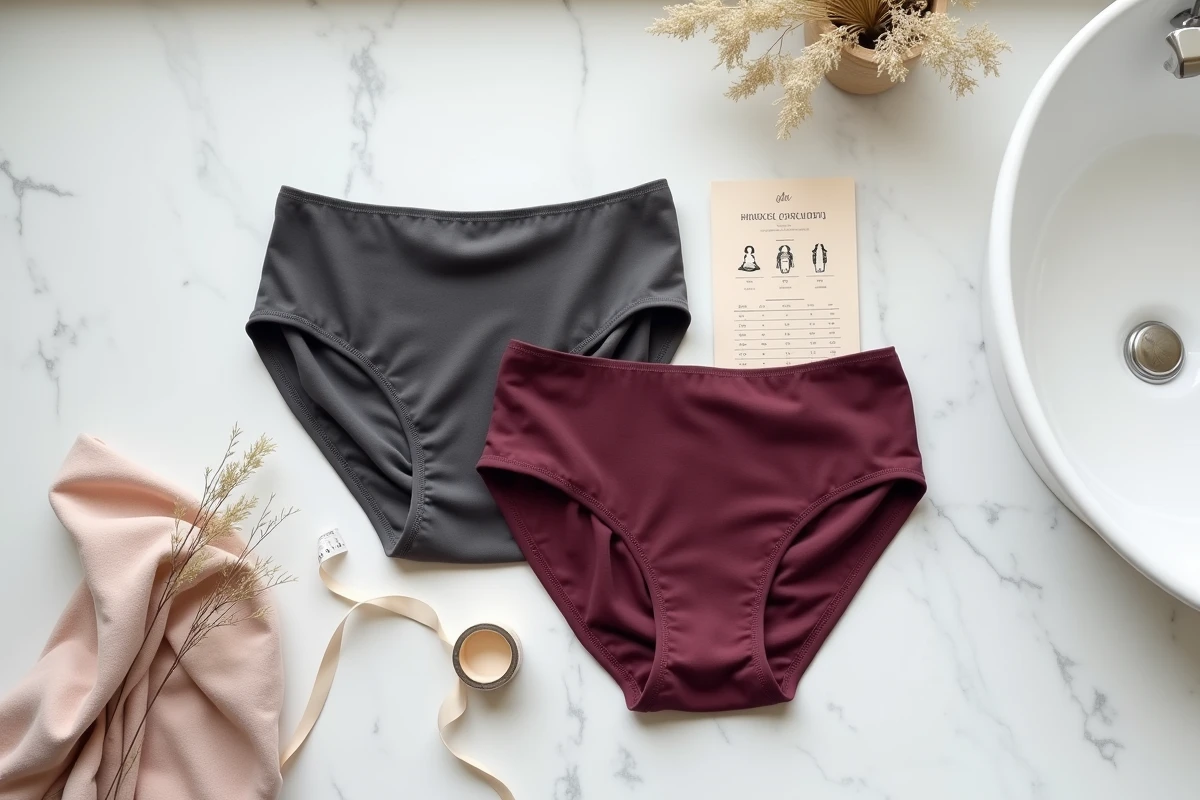 Pose à plat de culottes menstruelles en coton biologique avec un guide des tailles et un mètre ruban sur marbre blanc