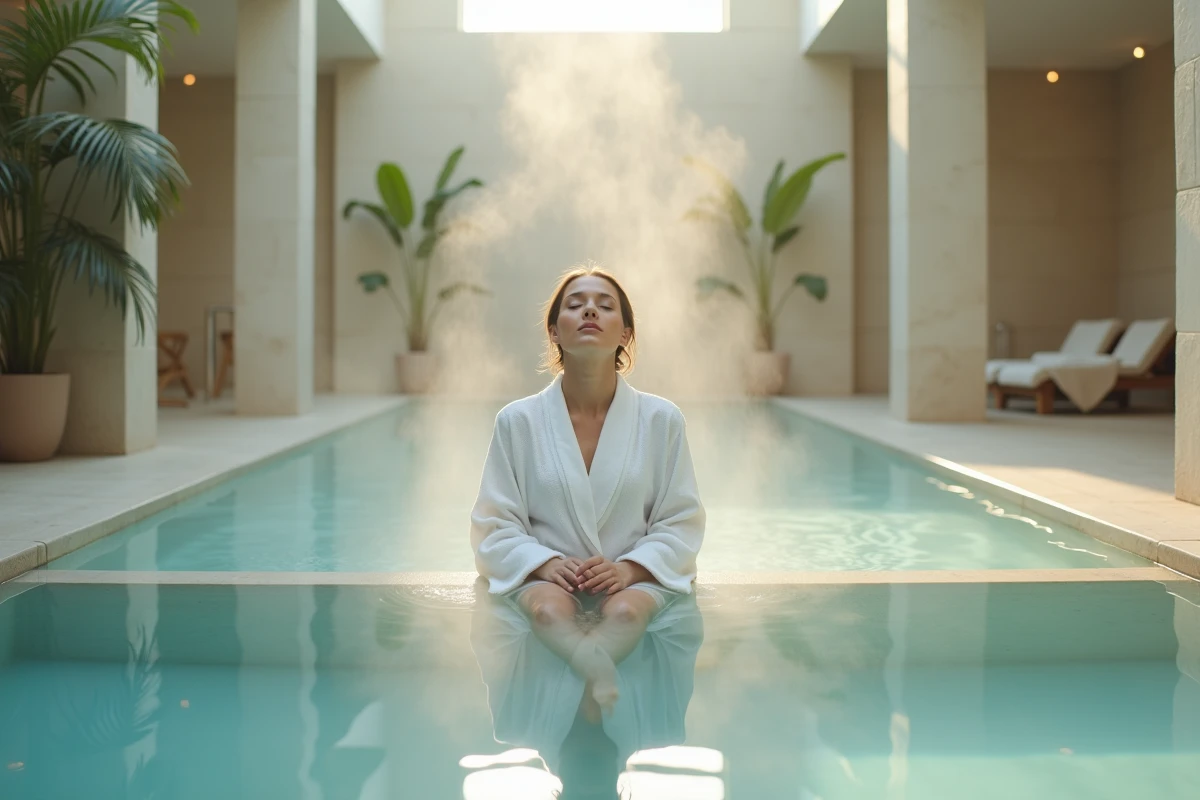 Femme en robe de spa se relaxant dans un bassin thermal d'une station thermale spécialisée en neurologie en France