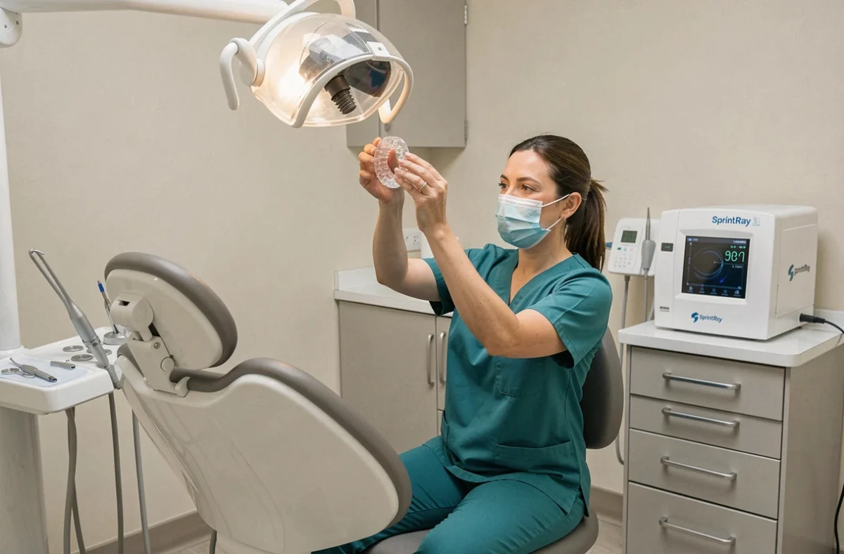 Dentiste inspectant un plateau en résine imprimée dans un cabinet dentaire équipé d'une imprimante SprintRay