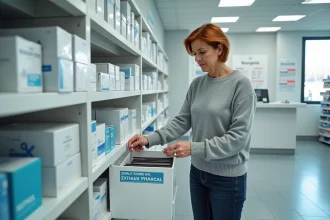 Femme déposant des radiographies médicales dans un bac de collecte dédié à l'intérieur d'une pharmacie