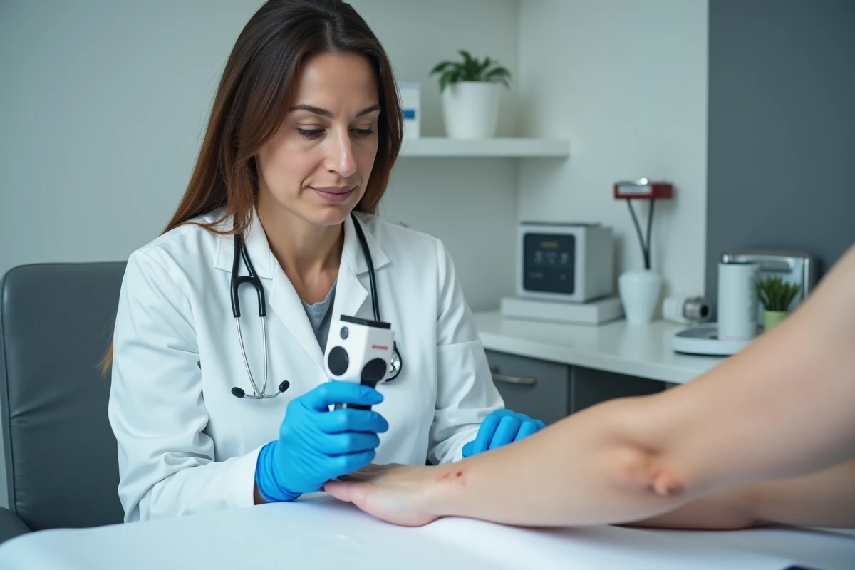 Dermatologue examinant une verrue séborrhéique sur le bras d'un patient avec un dermoscope en cabinet médical