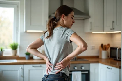 Femme tenant sa main dans le bas du dos côté droit avec une expression de douleur dans une cuisine moderne