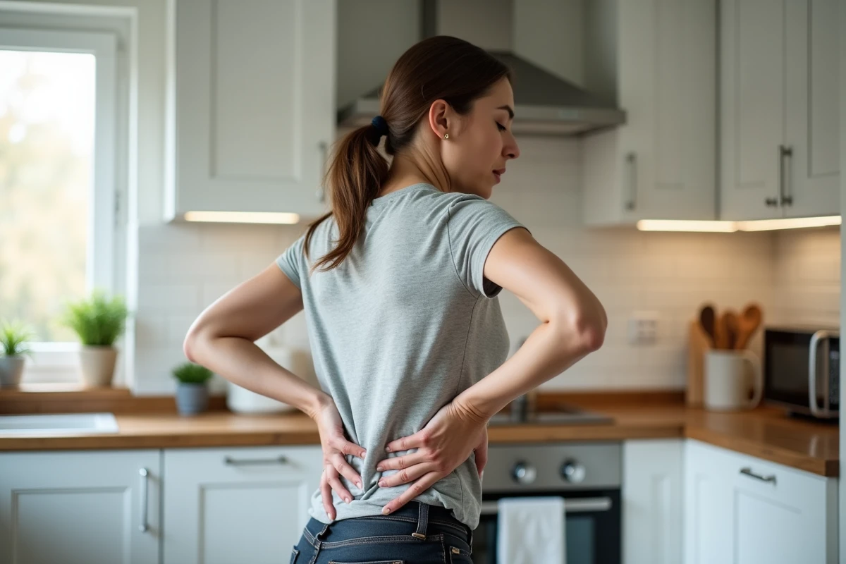 Femme tenant sa main dans le bas du dos côté droit avec une expression de douleur dans une cuisine moderne