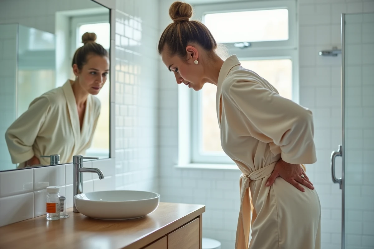 Femme se tenant le dos gauche devant un miroir de salle de bain, douleur dorsale et stress chronique au quotidien