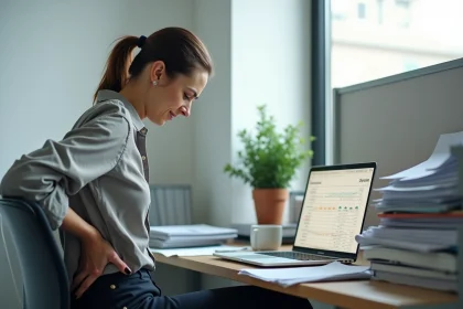 Femme souffrant de douleur dans le bas du dos gauche au bureau, associée au stress chronique au travail