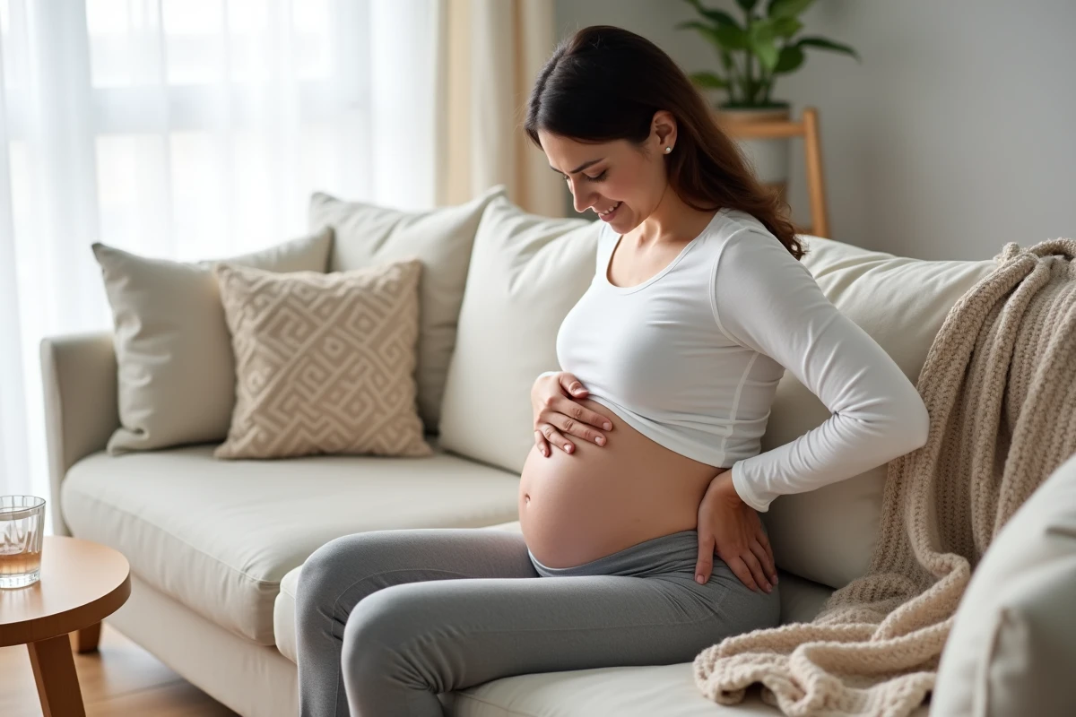 Femme enceinte assise tenant son bas du dos en raison de douleurs aux fesses pendant la grossesse