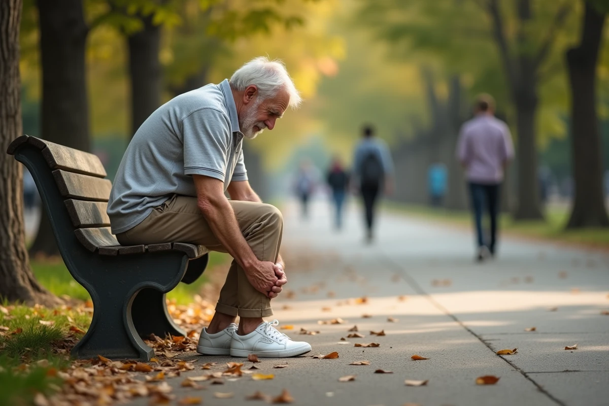 Homme âgé assis sur un banc de parc tenant son mollet douloureux, signe possible d'artériopathie oblitérante des membres inférieurs