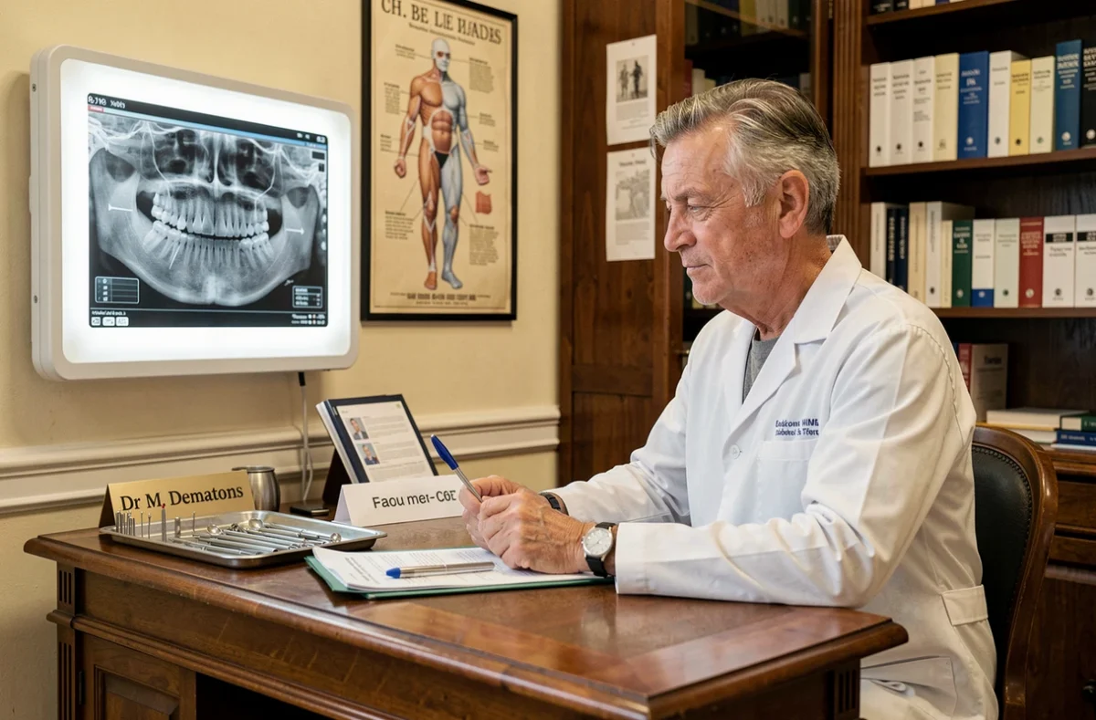 Le Dr Marc Dematons, chirurgien-dentiste, dans son cabinet en train d'analyser une radiographie dentaire