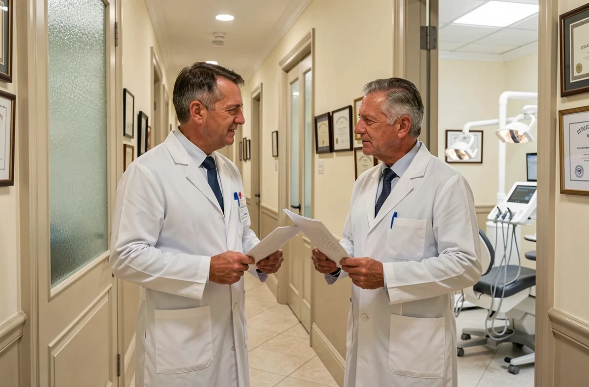 Les Dr Peillod et Dr Philippot, chirurgiens-dentistes associés, dans le couloir de leur cabinet dans l'Ain