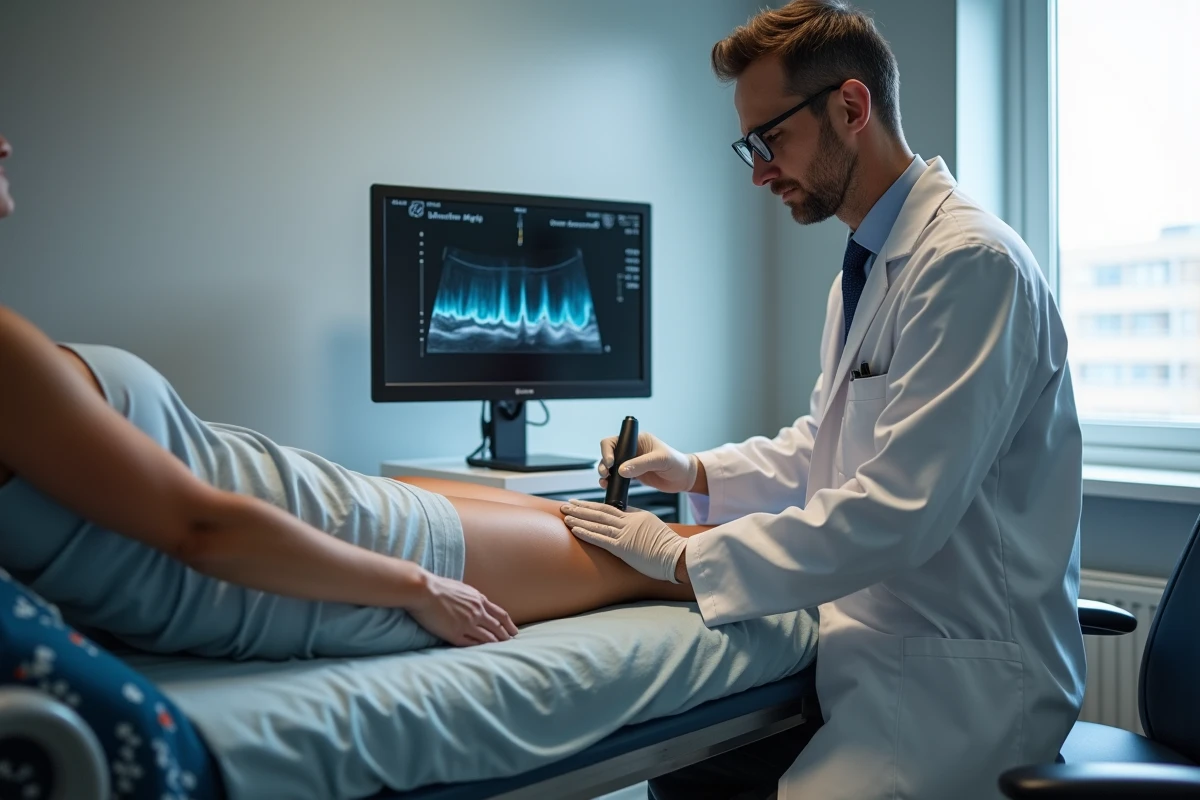 Échographie Doppler de la veine saphène réalisée par un phlébologue lors d'un bilan de douleur veineuse unilatérale